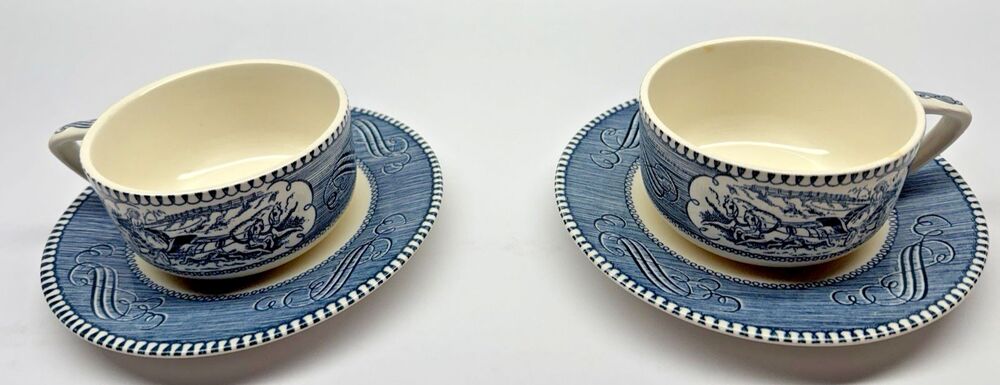 Set Of 2 Royal China Currier Ives Cups & Saucers Stagecoach Steamboat